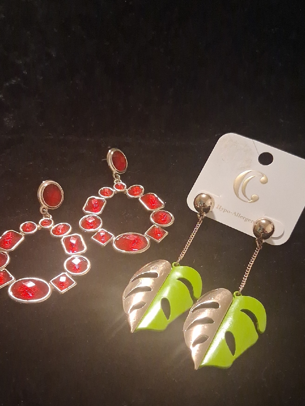 Lime Green Leaf Drop Earrings & Red Druzy Like Hoops Women Jewelry